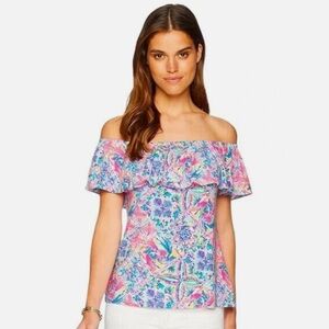 Lilly Pulitzer La Fortuna Off Shoulder Ruffle Top XS Dancing On Deck Print
